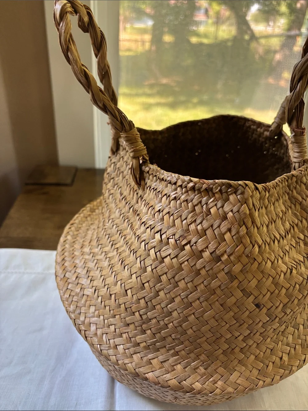 Boho Handwoven Seagrass Storage Basket with Braided Handles - Natural Tan